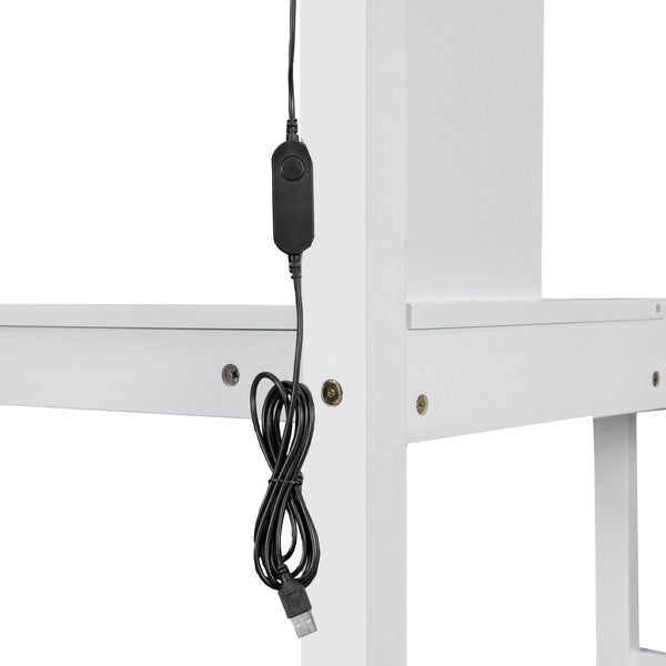 English Elm Wood Twin Loft Bed with Built-In L-Desk, LED Lighting, Staircase Storage, Shelves & Cabinets White N7090000470K