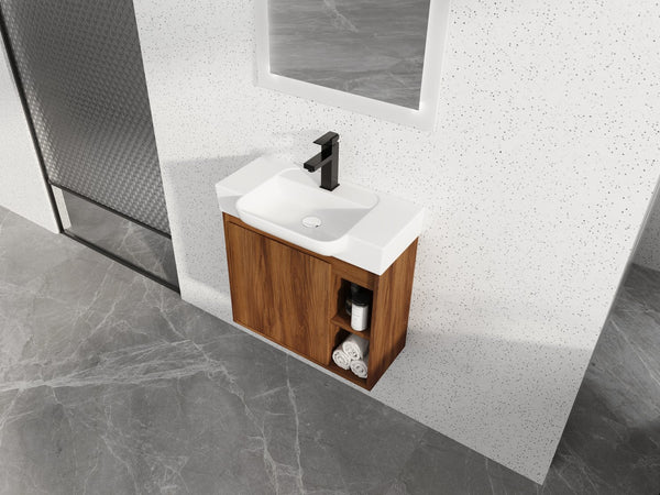 English Elm 24'' Wall-Mounted Bathroom Vanity with White Ceramic Sink, Soft-Close Door, Open Shelves, Moisture-Resistant Finish W999P263406
