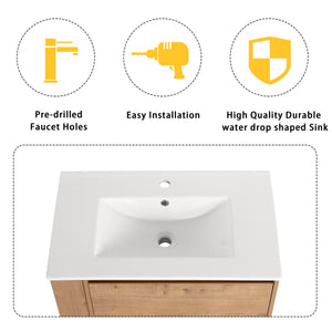 English Elm 30" Wall-Mounted Bathroom Vanity With Ceramic Sink, 2 Soft-Close Drawers & Space-Saving Rack W999S00343