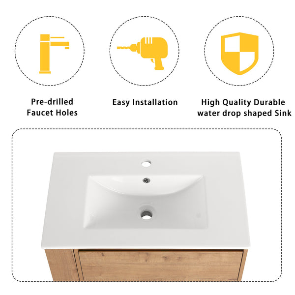 English Elm 30" Wall-Mounted Bathroom Vanity With Ceramic Sink, 2 Soft-Close Drawers & Space-Saving Rack W999S00343