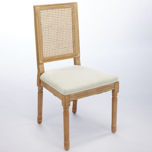 English Elm French Louis Dining Chair Set of 2 with Rattan Square Backrest, Carved Solid Wood Frame, Cushioned Elegance Beige W1143P335056