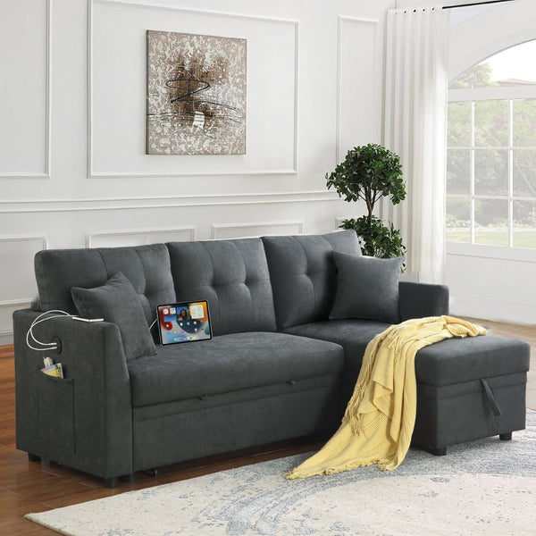English Elm Sectional Sofa Bed - L-Shaped Velvet Couch With Usb Port, Reversible Sleeper & Storage Chaise, Gray B205S00012-GIGA