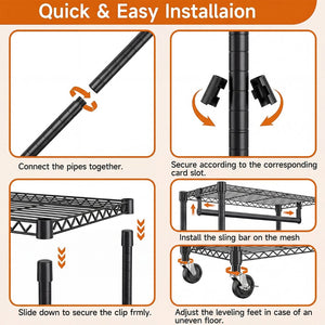 English Elm Heavy Duty Carbon Steel Rolling Garment Rack with Wire Shelving Dual Rods and Side Hooks Black W5386P480840