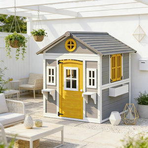 English Elm Backyard Fir Wood Kids Playhouse with Plant Boxes Retro Windows and Rain Resistant Roof T3971P491823