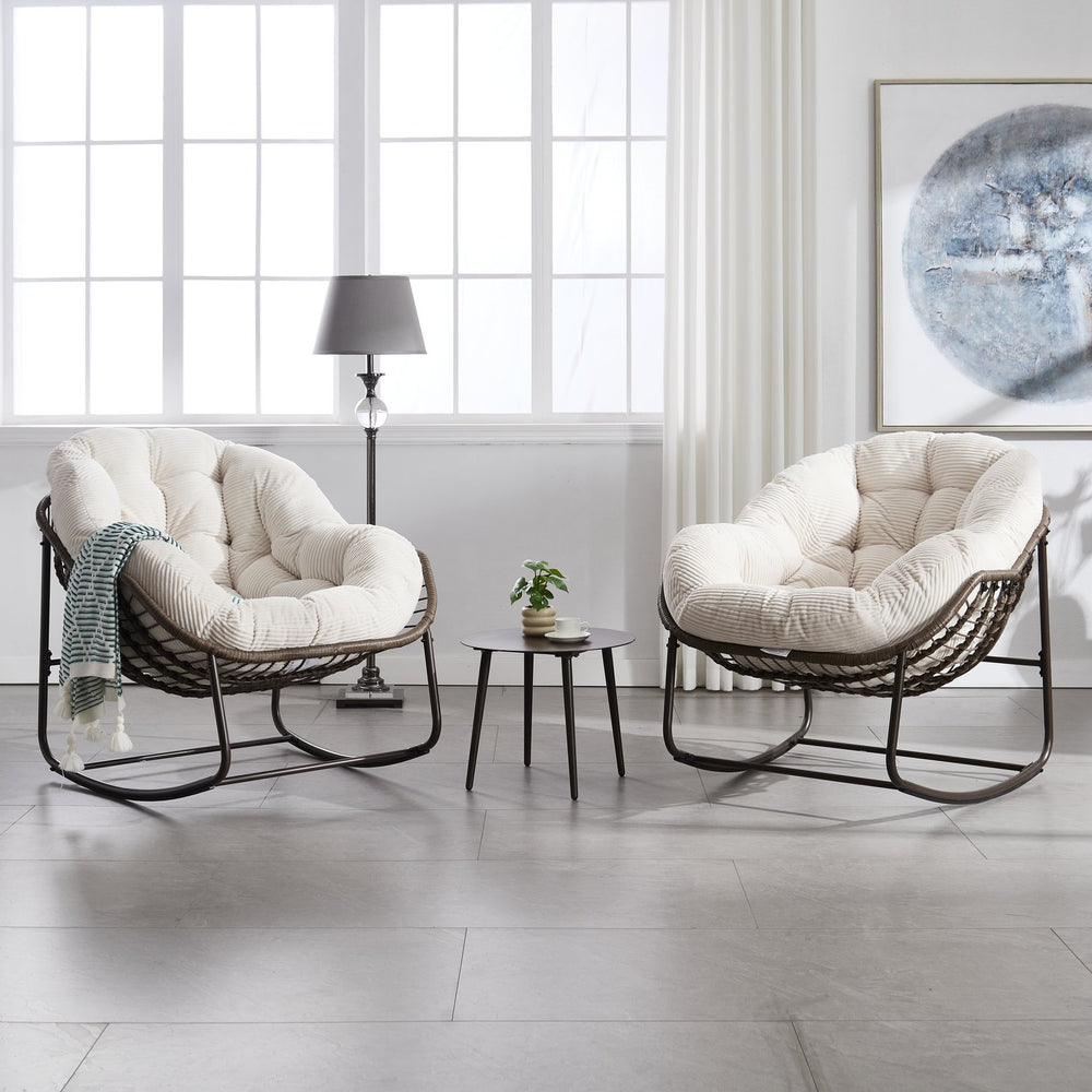 English Elm Outdoor Rattan Rocking Chair Oversized Hand-Woven Patio Egg Recliner with Plush Cushion Comfortably Rocking White W640P271521