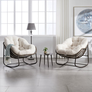 English Elm Outdoor Rattan Rocking Chair Oversized Hand-Woven Patio Egg Recliner with Plush Cushion Comfortably Rocking White W640P271521
