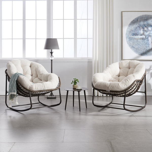 English Elm Outdoor Rattan Rocking Chair Oversized Hand-Woven Patio Egg Recliner with Plush Cushion Comfortably Rocking White W640P271521
