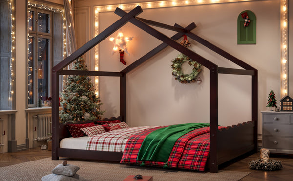 English Elm Queen House Frame Floor Bed Solid Pine Montessori Low Profile Kids Bedroom Espresso W1580P387850