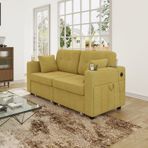 English Elm Sofas for Living Room Chenille Three Seat Couch with Usb Charging Storage and Cup Holder Mustard Yellow W395S00145