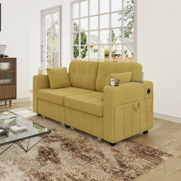 English Elm Sofas for Living Room Chenille Three Seat Couch with Usb Charging Storage and Cup Holder Mustard Yellow W395S00145