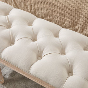 English Elm Bedroom Bench Linen Tufted Seat with Hand Carved Rubberwood Legs French Country Style W3244P500175