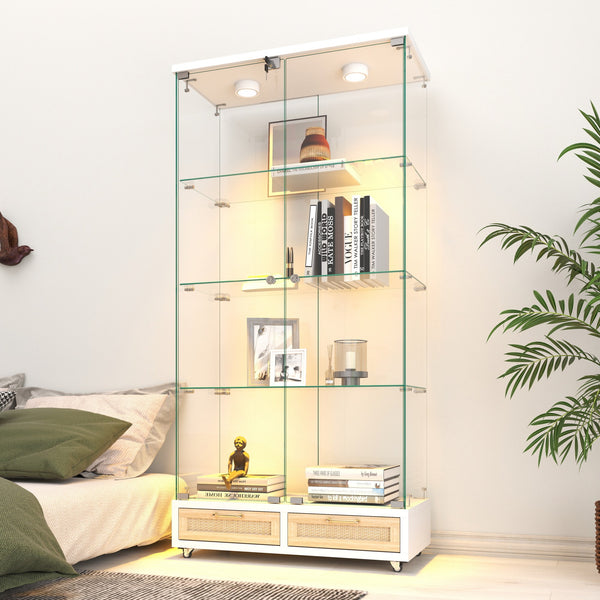English Elm Modern Glass Display Cabinet With Led Lighting, Lockable Drawers, And Adjustable Shelves For Home Décor W241S00059