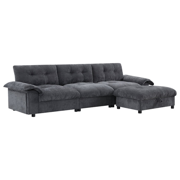 English Elm 104*60" Sectional Sofa with Hidden Ottoman Storage, Tufted Chenille, USB Ports, Cup Holder Dark Gray N723S9806E