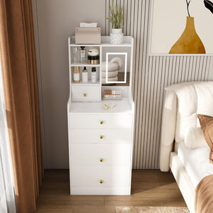 English Elm 3-in-1 Dressing Table with LED Mirror, Storage Stool & 4 Drawers – Compact White Vanity, MDF Organizer W2700P297923