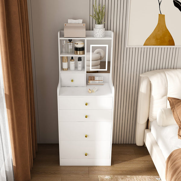 English Elm 3-in-1 Dressing Table with LED Mirror, Storage Stool & 4 Drawers – Compact White Vanity, MDF Organizer W2700P297923
