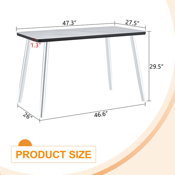 English Elm Modern Marble Look Glass Top Dining Table Slim Silver Legs Seats Six Minimalist W1151S04620