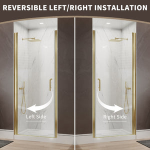 English Elm 34-36 in Frameless Pivot Shower Door Clear Tempered Glass with Brushed Gold Hardware W637P400612