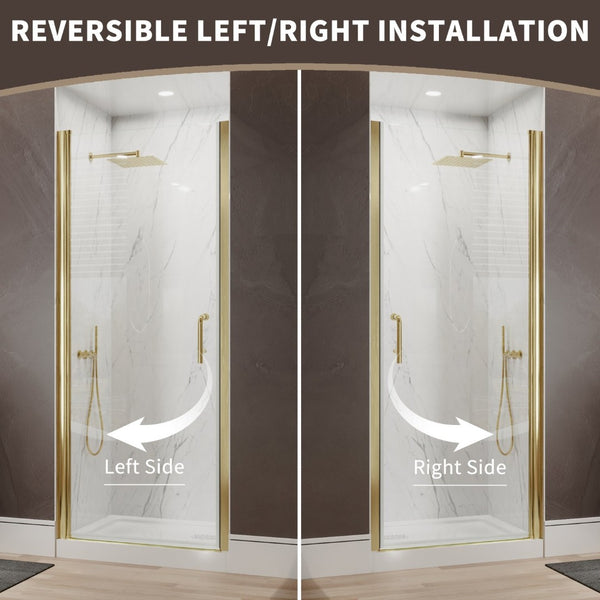 English Elm 34-36 in Frameless Pivot Shower Door Clear Tempered Glass with Brushed Gold Hardware W637P400612