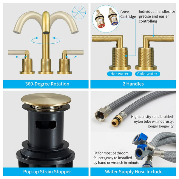 English Elm Gold Brushed Widespread Bathroom Faucet 2-Handle 8" Deck Mount, 360° Swivel, Pop-Up Drain, Hoses T3177P277501