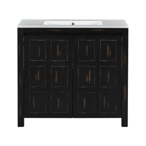 English Elm 36" Bathroom Vanity Organizer with Ceramic Sink, Solid Wood Distressed Finish, Hand-Painted Charm and Ample Storage Espresso N729P255666P