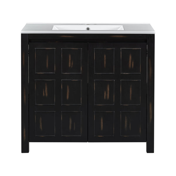 English Elm 36" Bathroom Vanity Organizer with Ceramic Sink, Solid Wood Distressed Finish, Hand-Painted Charm and Ample Storage Espresso N729P255666P