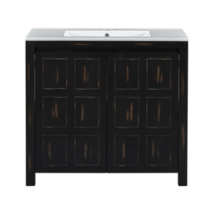 English Elm Modern 48 Inch Freestanding Bathroom Vanity Dual Ceramic Sinks Soft Close Gold Handles N729P000004P
