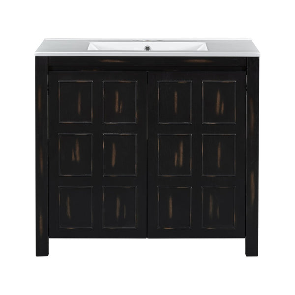 English Elm Modern 48 Inch Freestanding Bathroom Vanity Dual Ceramic Sinks Soft Close Gold Handles N729P000004P