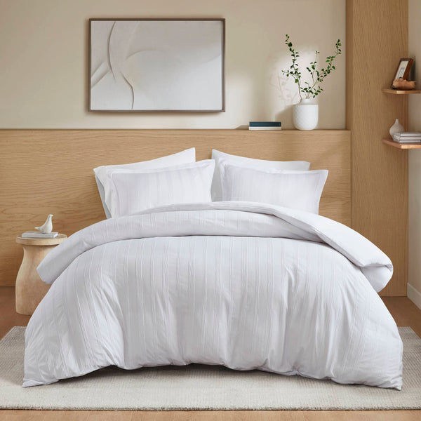 JLA Home Super Listing - Woven Logan duvet set with subtle woven stripe, brushed microfiber reverse & hidden zipper closure White AM12-0591