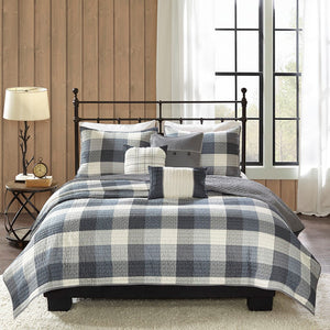English Elm 6 Ridge Reversible Herringbone Quilt Set with Embroidered Throw Pillows Buffalo Plaid Cozy Lodge Vibe Grey 22.83 L x 17.72 W x 11.02 H B03597498