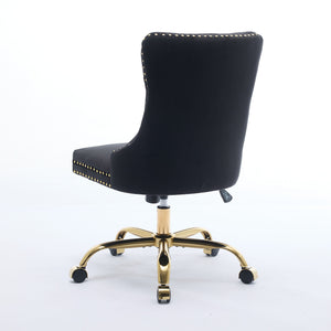 English Elm A&A Velvet Tufted Office Chair with Hand-Pulled Buttons, Nailhead Trim & Golden Metal Base, Luxe Comfort Black W1143P292465