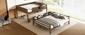 English Elm Queen Over Bunk Bed Pine Frame with Built in Shelving Detachable Vintage Style Brown W5316S00015