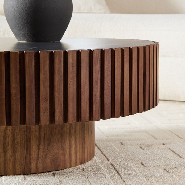 English Elm 35.43'' Modern Nesting Round Sintered Stone Tabletop — Compact Pedestal Coffee Table for Apartments Walnut W876P262230
