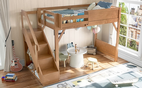 English Elm Twin Low Loft Bed Solid Pine Frame Kids Study Desk Blackboard Storage White Antique Natural W1580S00553