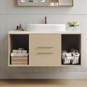 English Elm Modern Floating Bathroom Vanity Oval Ceramic Sink Plywood Cabinet Soft Close Storage W3136S00077