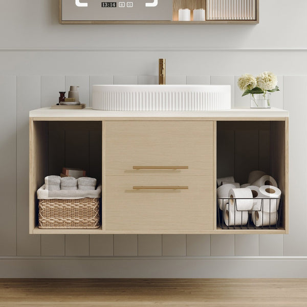 English Elm Modern Floating Bathroom Vanity Oval Ceramic Sink Plywood Cabinet Soft Close Storage W3136S00077
