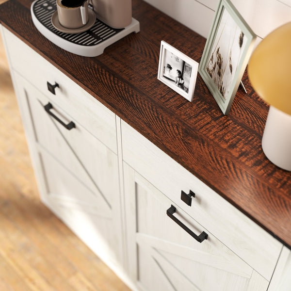 English Elm Farmhouse Barn Door Tilt-Out Trash Cabinet with Waterproof Woodgrain Top, 2 Drawers, 2x10gal Storage W2557P237960