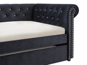 English Elm Luxurious Tufted Daybed with Nailhead Trim and Built-In Trundle — Elegant Rolled Arms, Plush Fabric Comfort Black 41.88 L x 16 W x 6.25 H B011S01634