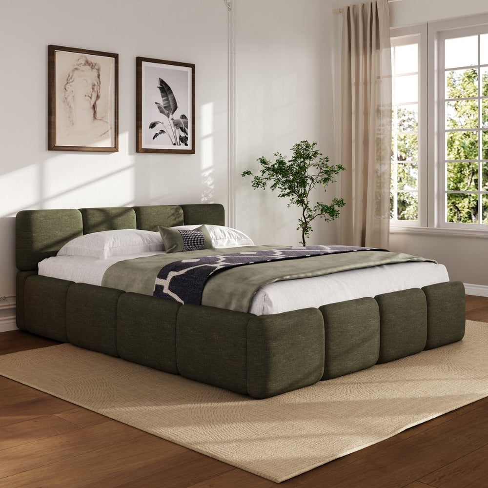 English Elm Queen Boucle Upholstered Platform Bed Low Profile Block Silhouette for Modern Bedroom N757P385459D