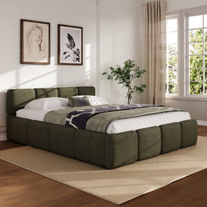 English Elm Queen Boucle Upholstered Platform Bed Low Profile Block Silhouette for Modern Bedroom N757P385459D