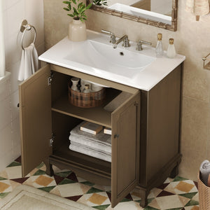 English Elm Christopher Knight Home® - 30" Vintage Bathroom Vanity with Rectangle Ceramic Sink, Rubber Wood Legs, Soft-Close Doors, Adjustable Shelves Antique brown N817P245316L