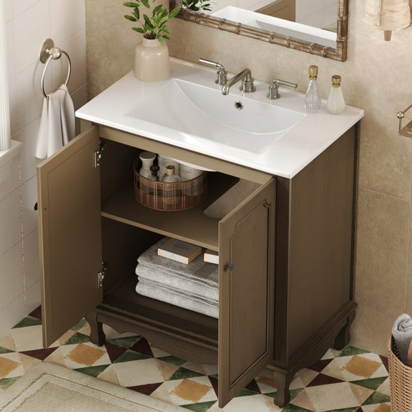 English Elm Christopher Knight Home® - 30" Vintage Bathroom Vanity with Rectangle Ceramic Sink, Rubber Wood Legs, Soft-Close Doors, Adjustable Shelves Antique brown N817P245316L