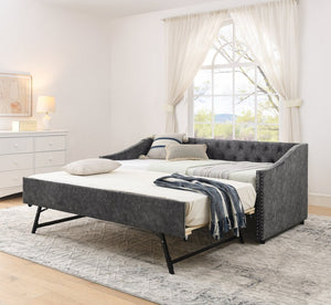 English Elm Twin Daybed with Pull Out Trundle Usb Charging Tufted Upholstered Sofa Guest Bed Grey W1413S00157