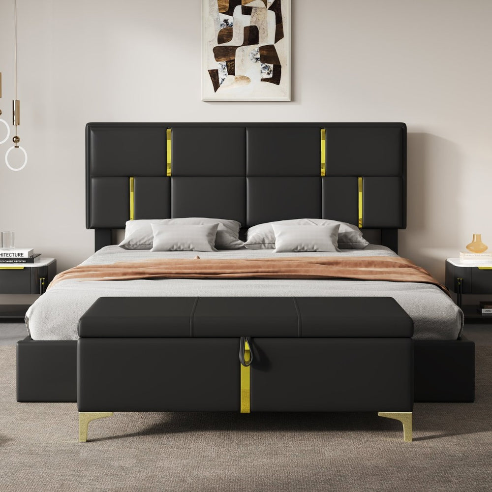 English Elm 2-pieces Queen Platform Bed Set Pu Upholstered Hydraulic Storage with Gold Accent Ottoman N733S362242B