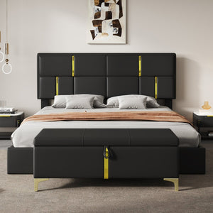 English Elm 2-pieces Queen Platform Bed Set Pu Upholstered Hydraulic Storage with Gold Accent Ottoman N733S362242B