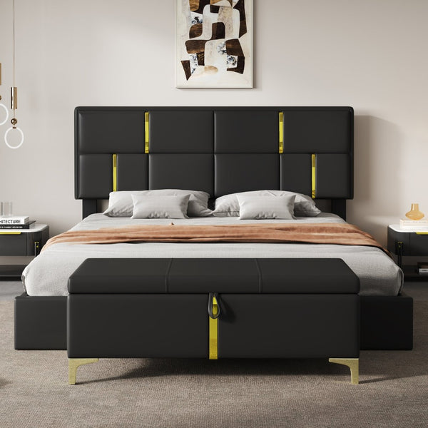 English Elm 2-pieces Queen Platform Bed Set Pu Upholstered Hydraulic Storage with Gold Accent Ottoman N733S362242B