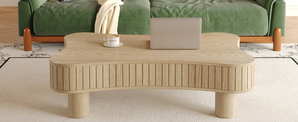 English Elm Lift Top Coffee Table with Silent Hydraulic Lift, Fluted Panels & Hidden Storage, Rounded Corners Natural Wood W1445P355621