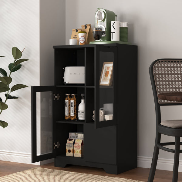 English Elm MDF modern painted storage cabinet with glass doors, drawer and open shelves for entryway decor (97) Black W409P171447