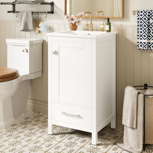 English Elm 18-Inch Modern Bathroom Vanity with Ceramic Sink, Soft-Close Doors, Divider Drawer & Adjusting Feet White N729P334854K