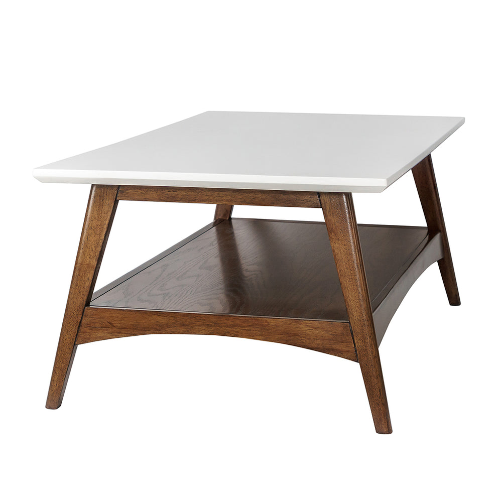 JLA Home Madison Park - Coffee Table Mid-Century Two-Tone Accent Table with Solid Wood Frame and Lower Shelf Storage, Stylish Off-White/Pecan MP120-0094