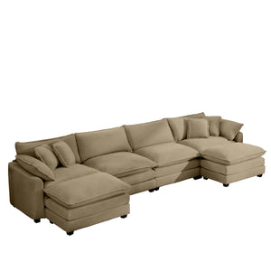 English Elm Corduroy 4-Seater Sofa Set With Footstools, Pillows & Retro-Modern Comfort For Stylish Living Spaces W714S00843